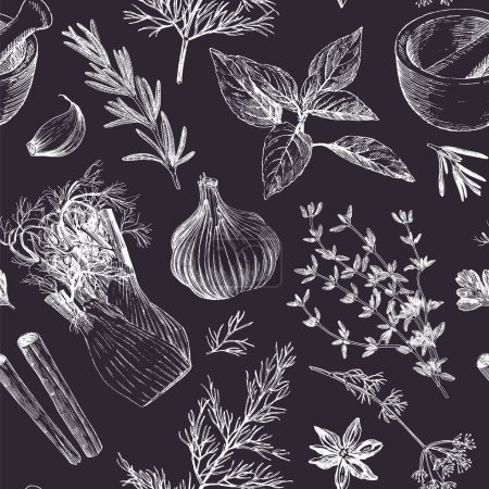 Foto de Dibujos de pizarra de hierbas y especias, plantilla de patrón sin costuras - Imagen libre de derechos