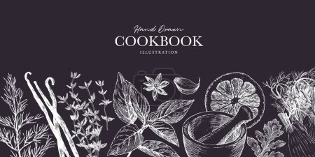 Foto de Horizontal banner libro de cocina pizarra, hierbas y especias borde plantilla - Imagen libre de derechos