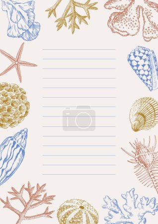 Téléchargez les photos : Feuilles de carnet vierges avec coquillages et dessins de coraux. Modèle de conception de bordure, bannière d'illustration d'été - en image libre de droit