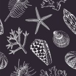 Seamless pattern with marine life drawings. Hand drawn seashells and corals