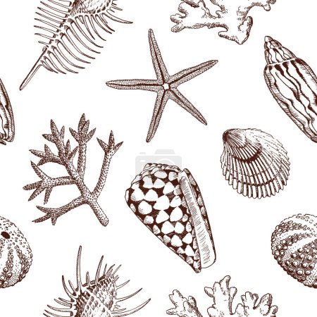 Téléchargez les photos : Modèle sans couture avec des dessins de la vie marine. Coques et coraux dessinés à la main - en image libre de droit