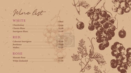 Téléchargez les photos : Modèle de carte des vins avec des éléments dessinés à la main. Illustration vintage de vignes à feuilles et fleurs - en image libre de droit