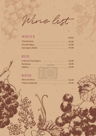 Téléchargez les photos : Modèle de carte des vins avec des éléments dessinés à la main. Illustration vintage de vignes à feuilles et fleurs - en image libre de droit