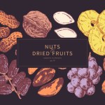  Nuts and dried fruits hand drawn illustrations. Background design template