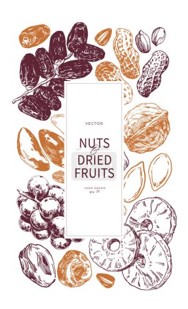 Frutos secos y frutos secos ilustraciones dibujadas a mano. Plantilla de diseño