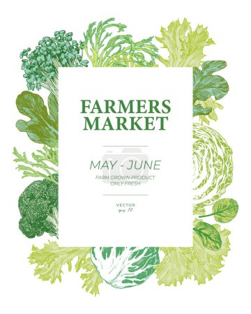 Los agricultores comercializan póster de verduras. Col extraída a mano, hojas de lechuga y microgreens. Elementos gráficos de estilo grabado