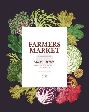 Téléchargez les photos : Poster de légumes du marché agricole sur fond noir. Chou dessiné à la main, feuilles de laitue et microverts. Éléments graphiques de style gravé - en image libre de droit