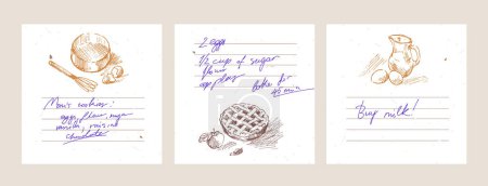 Foto de Páginas adhesivas en blanco para tomar notas sobre la preparación de la comida y los ingredientes de la cocina. Hojas de recetas decoradas con dibujos de alimentos - Imagen libre de derechos