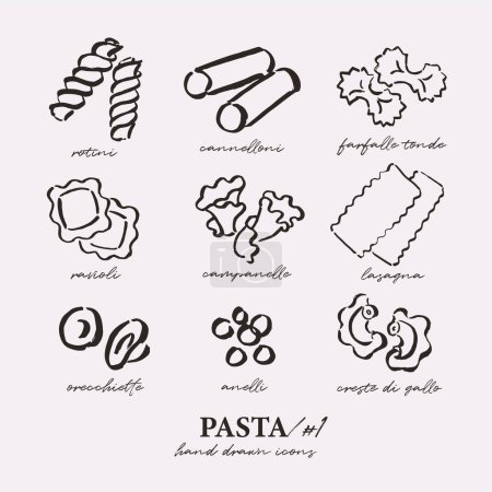 Téléchargez les illustrations : Différents types de pâtes ensemble, icônes contour, dessins simples en vrac, style sketchy - en licence libre de droit