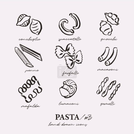 Téléchargez les photos : Différents types de pâtes ensemble, icônes contour, dessins simples en vrac, style sketchy - en image libre de droit