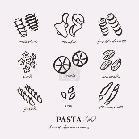 Illustration for Different pasta types set, outline icons, simple loose drawings, sketchy style - Royalty Free Image