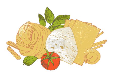 Téléchargez les photos : Pâtes esquisse illustration dessinée à la main, concept de cuisine italienne - en image libre de droit