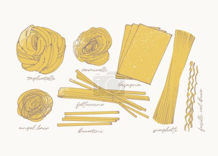 Dessin abstrait croquant de différents types de pâtes, variété de pâtes longues