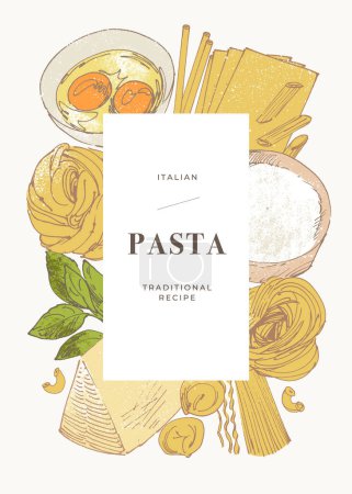 Ilustración de Pastas caseras, ilustración culinaria abstracta, elementos gráficos dibujados a mano, ingredientes para cocinar alimentos - Imagen libre de derechos
