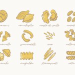 Sketchy drawing of different pasta types, hand drawn pasta guide