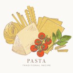Pasta with cheese and tomatoes, sketchy hand drawn illustration, cookbook graphic elements