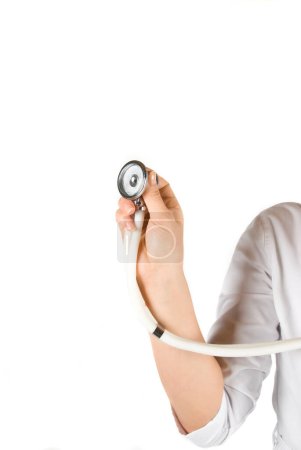 Holding a stethoscope isolated on white background and copy space