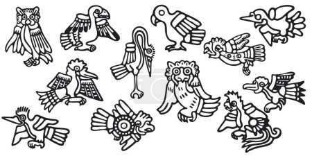 Téléchargez les photos : Un ensemble d'oiseaux tribaux, vecteur isolé noir et blanc. Design mexicain de style aztèque - en image libre de droit