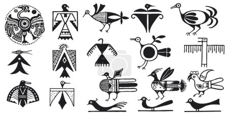 A set of tribal birds, black and white isolated vector. 
