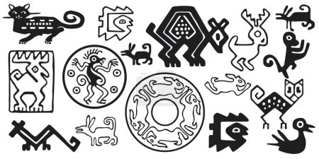 Eine Reihe von Stammestieren, schwarz und weiß isoliert Vektor. Amerikanischer Stil. Mexikanisches Design im aztekischen Stil