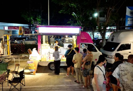 Photo for CHONBURI, THAILAND  - 24 APR : People waiting for order ice cream at food truck in Kong Kao Tradition event on 24 April 2024 in Siracha, Chonburi, Thailand - Royalty Free Image