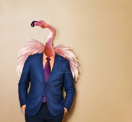 Téléchargez les photos : Pink flamingo business man in a suit people animal concept stand with hands in the pockets - en image libre de droit