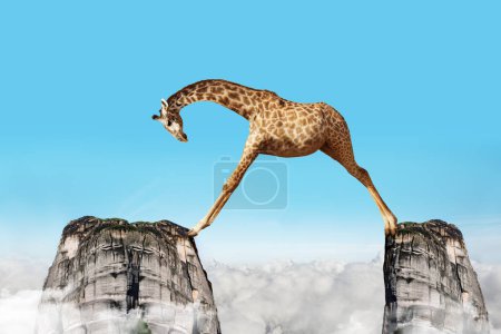 Téléchargez les photos : Concept of giraffe with long hands step over two mountains rocks in the clouds and blue sky - en image libre de droit