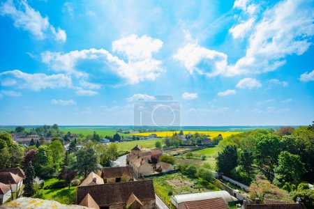 Photo for Panoramic view of agricultural fields and rural houses of the Blandy village - Royalty Free Image