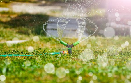 Foto de Gardening sprinkle irrigate garden lawn spraying water around close-up image - Imagen libre de derechos
