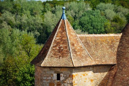 Photo for Close image of medieval castle tower roof over forest, Blandy-les-Tours, France - Royalty Free Image