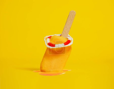 Photo for Heat wave SOS concept. Ice cream on the stick with lifebuoy melting - Royalty Free Image