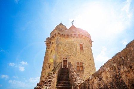 Téléchargez les photos : Vue à angle bas d'un escalier menant à la grande tour médiévale du château fort de Blandy-les-Tours, en France, au beau jour du printemps - en image libre de droit