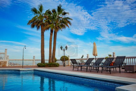 Téléchargez les photos : Sensation parfaite d'ambiance de vacances avec des chaises longues disposées près d'une piscine chatoyante, trois palmiers s'étendent vers le ciel bleu clair - en image libre de droit