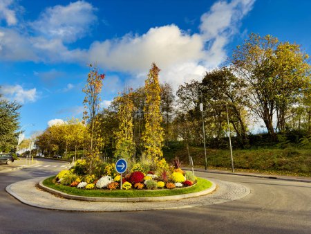 Téléchargez les photos : Rond-point au centre-ville de Villeneuve-Saint-Georges en France par le parc Beauregard et l'avenue de l'Europe avec beau parterre fleuri à l'automne - en image libre de droit