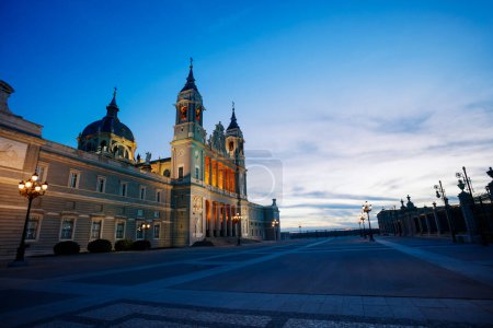 Photo for Plaza de la Armeria town square and Almudena Cathedral illuminated during night time - Royalty Free Image