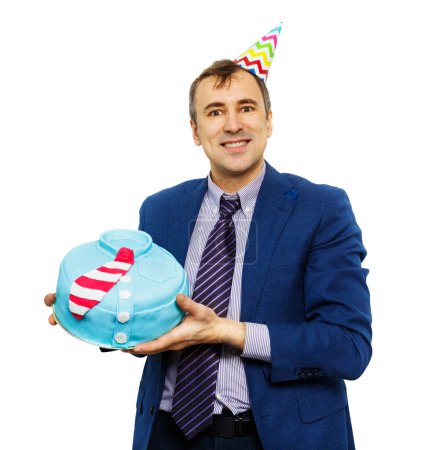 Photo for Funny looking man in a suit holding concept cake in form of blue shirt with stripe red tie isolated on white - Royalty Free Image