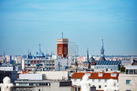 Photo for Panorama and roofs of Madrid with Church of Holy Cross view from Comunicaciones Palace building observation desk - Royalty Free Image