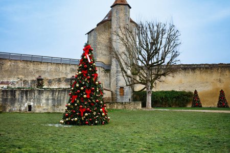 Photo for Christmas tree over walls and towers of Blandy-les-Tours castle on winter day, France Europe - Royalty Free Image