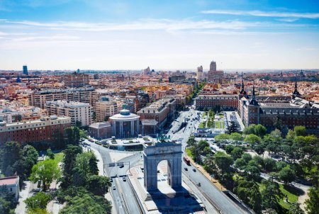 Photo for Triumphal Arch of Victory or Arco de la Victoria, built at Moncloa square over Madrid, Spain view from above - Royalty Free Image