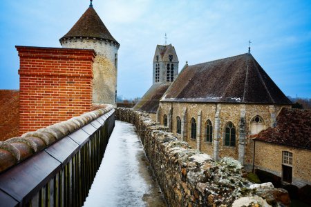 Téléchargez les photos : Vue depuis les murs recouverts de neige sur la vieille tour du château de Blandy-les-Tours par temps ensoleillé sur ciel bleu, France Europe - en image libre de droit