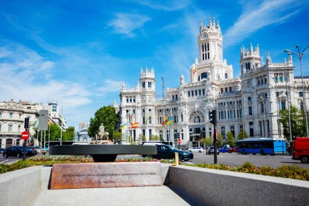 Photo for Covid Memorial eternal fire on Plaza de Cibeles town square in Madrid - Royalty Free Image