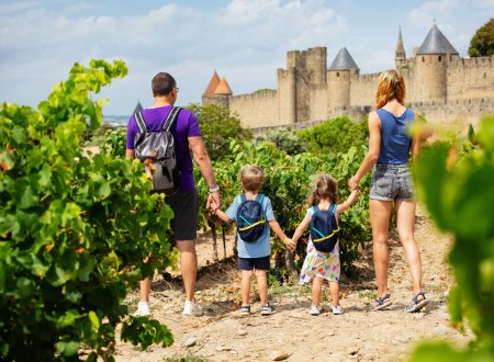 Téléchargez les photos : Jeune famille avec deux enfants - garçon et fille ont des vacances voyage d'été à Carcassonne ville médiévale en Occitanie, France, debout dans un vignoble ensoleillé, vue de derrière - en image libre de droit