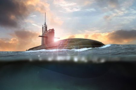 Naval submarine submerged from shallow water at sea