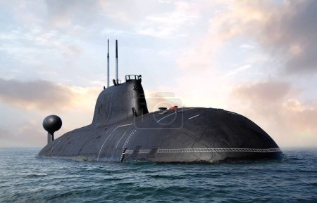 Téléchargez les photos : Naval submarine on open sea surface under cloudy sky - en image libre de droit