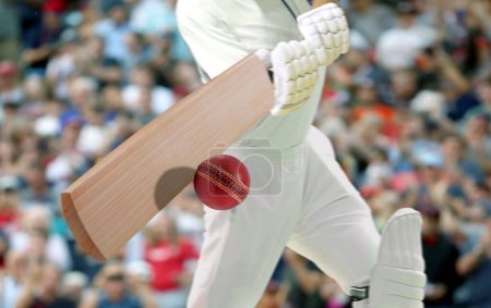 Foto de Cricket players batsman hitting ball in a stadium. - Imagen libre de derechos