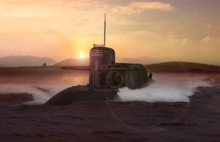 Téléchargez les photos : Navel sous-marin nucléaire en pleine mer au coucher du soleil - en image libre de droit