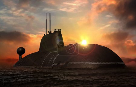 Foto de Submarino nuclear naval en la superficie del mar al atardecer - Imagen libre de derechos