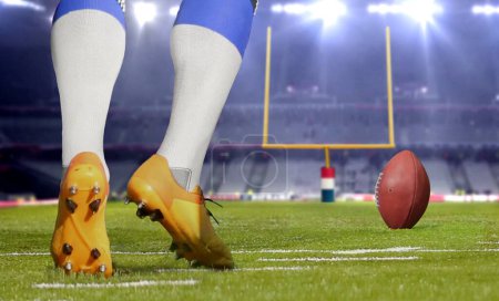 Photo for American football player kicking ball in close up. - Royalty Free Image