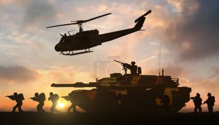 Foto de Operación militar con helicóptero y soporte de tanque - Imagen libre de derechos