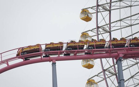 Amusement park ride Ferris wheel and roller coaster building                              